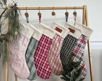 Handmade Quilted Christmas Stockings | Leather name tags for stockings | Customizable Christmas Stockings