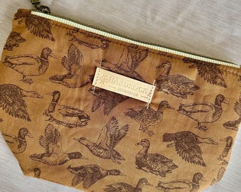 Handmade Standing Zipper Pouch: Mallard duck zipper pouch, Travel Makeup Bag