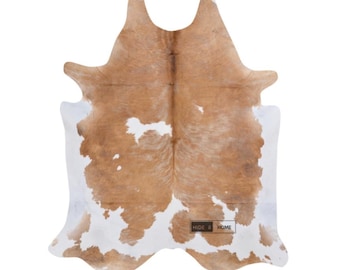 ダークブラウン＆ホワイト牛革ラグ：本毛皮レザー（59x64インチ