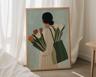 Woman With Tulips Green, Large Wall Art, Contemporary Artwork, Minimalist Print, Living Room Wall Art, Stripe Print, Digital Print Download