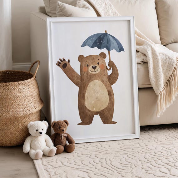 傘を持ったクマのプリント：気まぐれな子供部屋の壁アート（デジタル