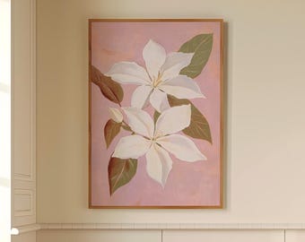 May include: A framed painting of two white flowers with green leaves on a pink background.