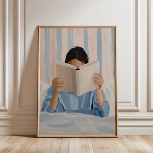 Póster de chica leyendo en la cama, impresión artística de pared para amantes de los libros, decoración de biblioteca con rincón de lectura en tonos pastel, póster retro femenino caprichoso, descarga digital