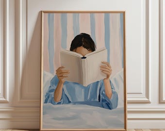 Woman Reading in Bed Poster, Book Lover Wall Art Print, Reading Nook Library Decor, Whimsical Retro Girly Poster, Cozy Bedroom Art