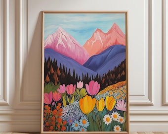 Abstract Mountain Floral Print: Colorful Living Room Wall Art (Digital Download)