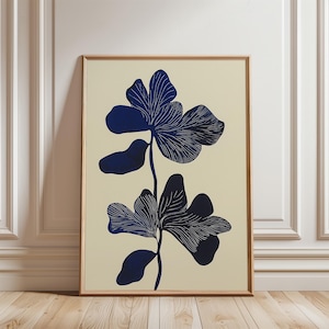 Flor botânica abstrata, pôster digital para download, impressão de parede, azul, preto, bege, flor abstrata, arte grande para impressão, arte boho para impressão