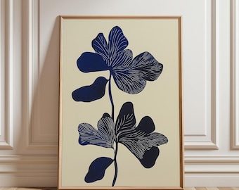 Abstract Botanical Flower, Poster Digital Download, Wall Print, Blue Black Beige, Abstract Flower, Large Printable Art Boho Printable Art
