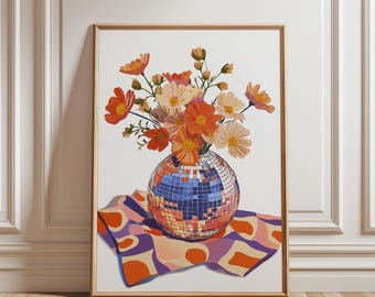 Retro Disco Ball Flower Painting Printable Wall Art For Home Decor Summer Bouquet Disco 70s Poster Aesthetic Printable Art Digital Download