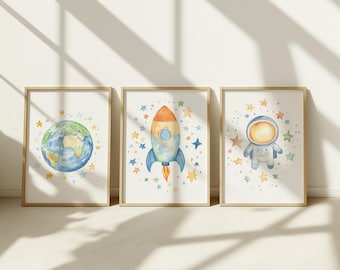 Set of 3, Cute Space Nursery Prints, Space Astronaut Planet Posters, Outer Space Playroom Decor, Boy Room Solar System Art, Digital Download