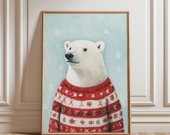 Polar Bear in Sweater Art Print: Winter Animal Illustration (Digital Download)
