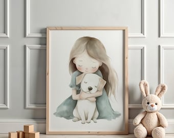 森の中の少女と犬のアートプリント、青い夜空、満月と星、オリジナル