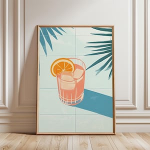 Summer Cocktail Print, Pink Preppy Bar Cart Art Print, Retro Bar Cart Decor, Drink Painting, Printable Art, Palm Trees, Digital Prints