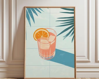 Pink Cocktail Art Print: Retro Palm Tree Bar Cart Decor (Digital Print)