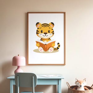 Cute Tiger Reading, Kids Room Art, Reading Corner, Kids Books Prints, Children Educational Reading, Homeschool Decor, Digital Download