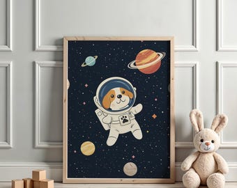 Stampa di un simpatico cane astronauta e razzo, decorazione da parete per la cameretta dei bambini, regalo per baby shower nello spazio, cane spaziale, download digitale istantaneo