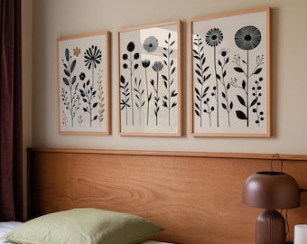 Wildflower Prints Set: Black and White Floral Wall Art (Digital Download)