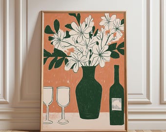 Impresión de comida "Vino y cena", imprimible, impresión de vino, impresión moderna de mediados de siglo, decoración de galería de pared de cocina, impresión de bebidas, descarga digital