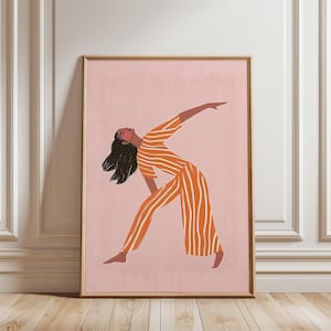 Femme qui danse rose, rayures abstraites, grande impression murale, oeuvre d'art contemporaine, impression minimaliste, art mural salon, impression téléchargement numérique
