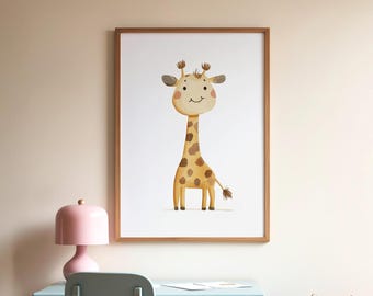 Giraffe Print, Cute Nursery Art, Fun Animal Nursery Illustration, Quirky Jungle Wall Art Print, Kids Room Decor, Instant Digital Download