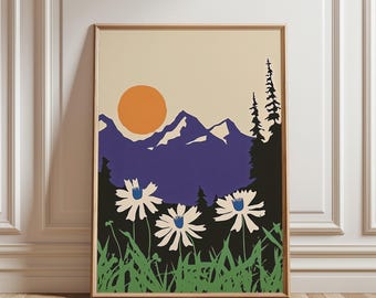 Impression d'art paysage de montagnes et de fleurs : vue abstraite sur la montagne (téléchargement numérique)