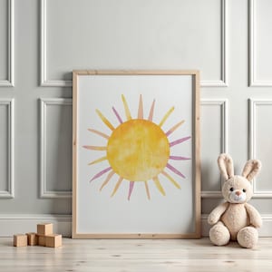 Lámina de guardería con diseño de sol, obra de arte bohemia para imprimir en género neutro, sala de juegos bohemia, decoración artística, póster infantil moderno de mediados de siglo