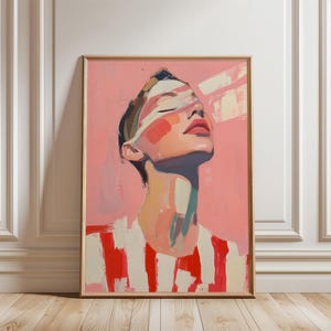 Red Abstract Woman Stripes, Large Wall Art, Window Light Contemporary Artwork, Minimalist Print, Living Room Wall Art, Digital Download