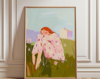 草原の女性のアートプリント：抽象的なミニマリストのホームデコレーション（デジタルダウンロード）