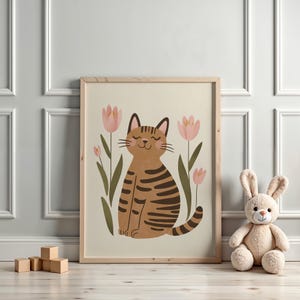 Cute Cat And Flowers, Nursery Wall Art, Playful Children’s Decor, Animal Print for Kids Room, Whimsical Printable Art, Digital Download
