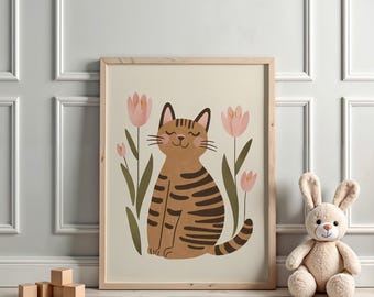 Cute Cat And Flowers, Nursery Wall Art, Playful Children’s Decor, Animal Print for Kids Room, Whimsical Printable Art, Digital Download