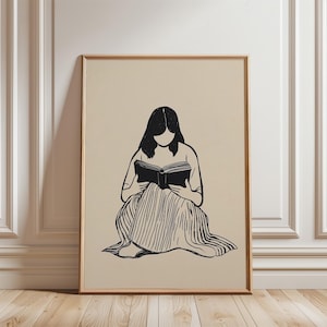 Girl Reading Book Poster, Book Lover Wall Art Print, Reading Nook Library Decor, Line Art Girly Poster, Cozy Bedroom Art, Digital Download
