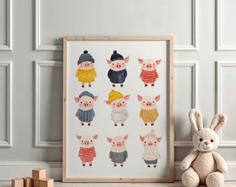 Lámina infantil de cerdos caprichosos: Arte mural de animales de granja (descarga digital)