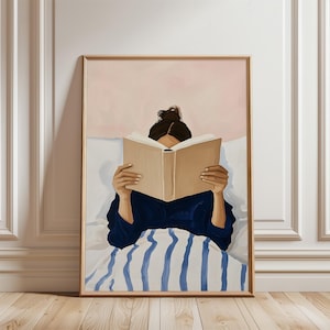 Woman Reading in Bed Poster, Book Lover Wall Art Print, Reading Nook Library Decor, Whimsical Retro Girly Poster, Cozy Bedroom Art