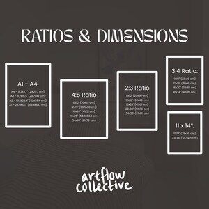 May include: A black and white graphic with the text "RATIOS & DIMENSIONS" at the top. The graphic shows different aspect ratios for images and their corresponding dimensions in inches and centimeters. The ratios include 4:5, 2:3, 3:4, and 11x14. The graphic also includes the text "artflow collective" in a stylized font.