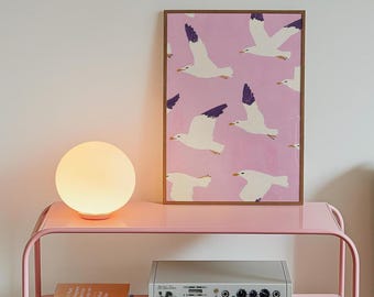 Pink Sky Bird Flock Print: Abstract Flying Birds Illustration (Digital Download)