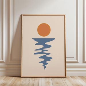 Sunset, Ocean, Geometric Landscape, Sea Print, Wall Art, Orange Sun, Sunrise, Poster, Home Decor, Waves Artwork, Wavy, Digital Download