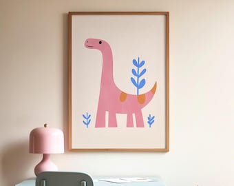 Dinosaur Nursery Print: Pink Brontosaurus Kids Room Decor (Digital Download)