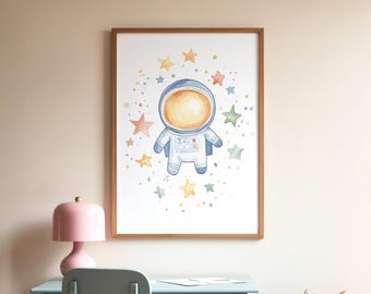 Cute Astronaut Print, Space Stars Nursery Wall Art, Kids Room Decor, Outer Space Baby Shower Gift, Space Art, Instant Digital Download