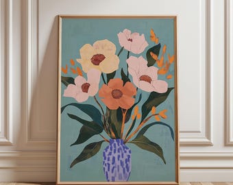 Peut inclure: Une peinture d'un bouquet de fleurs dans un vase à motifs bleus et blancs. Les fleurs sont roses, jaunes et orange et sont disposées sur un fond bleu sarcelle.