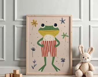 Cute Frog Illustration Print, Whimsical Animal Wall Art, Quirky Nursery and Kids Room Decor, Fun Playful Art for Children, Digital Download