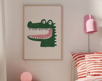 ワニの保育園アートプリント：遊び心のある赤ちゃんワニのイラスト（デジタルダウンロード）