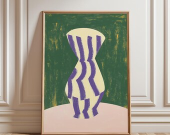 Impressão abstrata em vaso listrado: arte contemporânea de parede verde e azul (download digital)