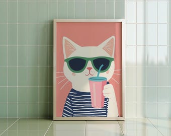 Cool Cat Print, Fun Cat Nursery Decor, Kids Room Animal Wall Art, Playroom Poster, Gender Neutral Kids Room, Toddler Room, Instant Download