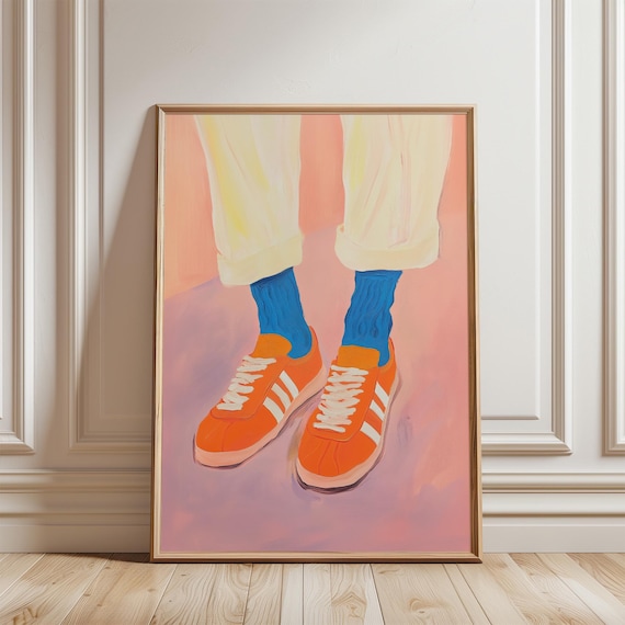 Orange Sneakers Art Print, Abstract Wall Art, Mid Century Modern, Vibrant Colors, Funky Illustration Print, Retro 70's Fashion Poster
