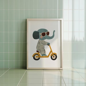Cool Elefant On Scooter, Nursery Wall Art, Playful Children’s Decor, Animal Print for Kids Room, Whimsical Printable Art, Digital Download