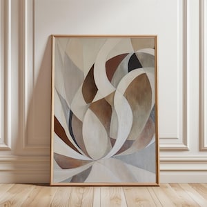Könnte beinhalten: Abstrakter Kunstdruck mit einem wirbelnden Design in Braun-, Beige- und Weißtönen. Der Druck ist in einem naturfarbenen Holzrahmen gerahmt.