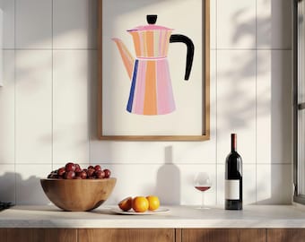 May include: A framed illustration of a colorful striped coffee pot with a black handle. The illustration is on a white background and the frame is a light wood color.