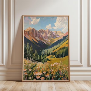 Mountains And Wildflowers Landscape Art Print, Warm Tones, Green Nature, Blue sky, Daisy Flowers, Printable Art, Instant Digital Download