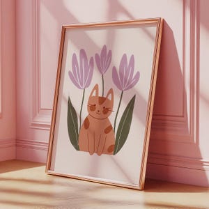 Cat And Flowers, Nursery Wall Art, Cute Playful Children’s Decor, Animal Print for Kids Room, Whimsical Printable Art, Digital Download