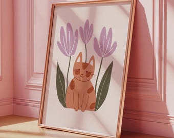 Cute Cat And Flowers, Nursery Wall Art, Playful Children’s Decor, Animal Print for Kids Room, Whimsical Printable Art, Digital Download