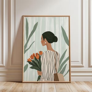 Tulipano Donna Verde, Grande Arte Murale, Opera d&#39;Arte Contemporanea, Stampa Minimalista, Arte Murale per Soggiorno, Stampa a Righe, Download di Stampa Digitale